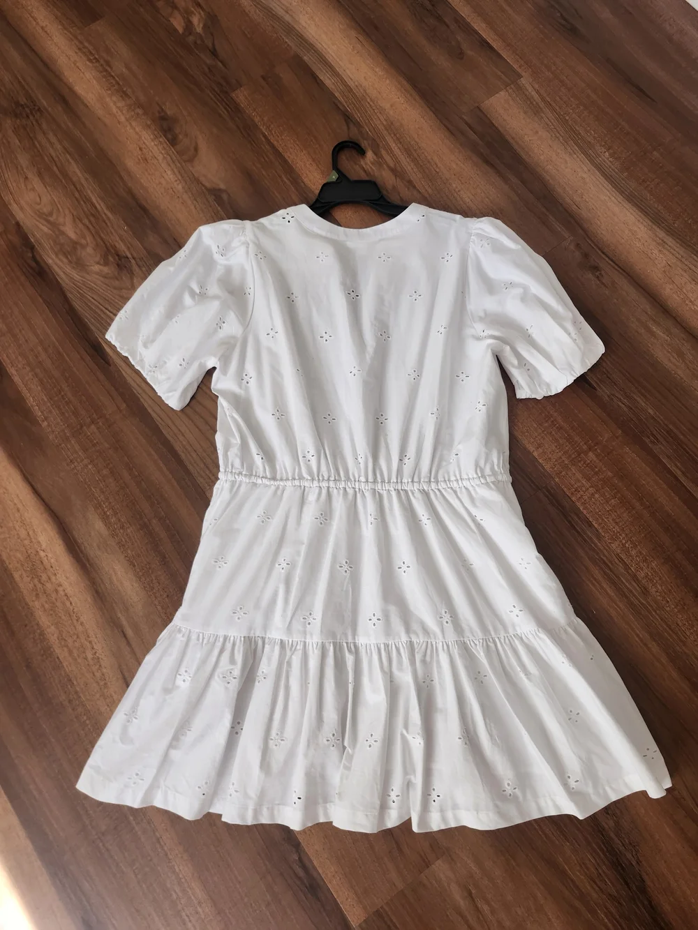 Women’s White Eyelet Tiered Mini Dress with Drawstring Waist 100% Cotton - Picture 3 of 13